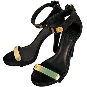 BLACK SUEDE GOLD STRAPPY TORY BURCH HIGH HEELS WOMEN'S SIZE 7.5